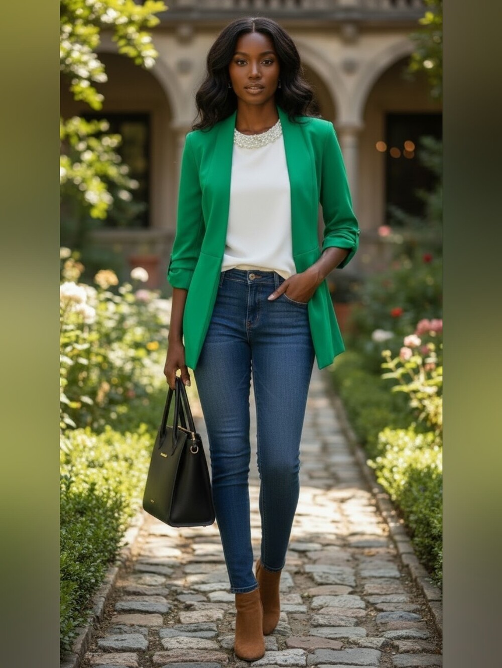 Carole Wren Kelly Green Open Front Blazer Long Sleeve Rolled Cuff Career Size S